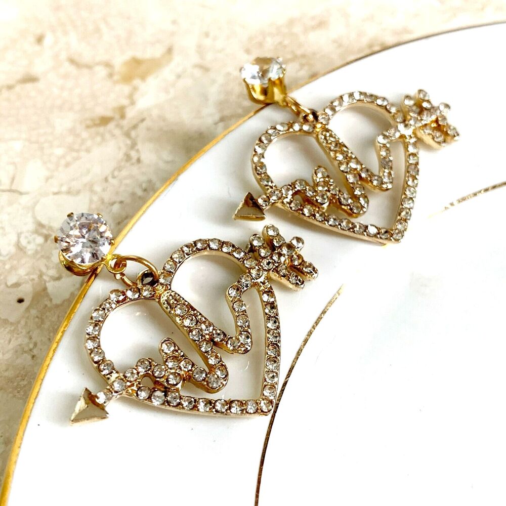 Heartbeat Rhinestone Earrings NEW Electrocardiogram Gold Love Heart Cupid Arrow